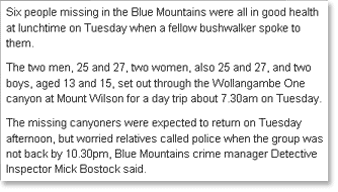Bush walking tragedy in the Blue Mountains.