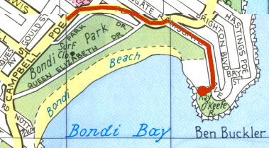 Map showing how to get from Bondi Beach to the site at Ben Buckler.