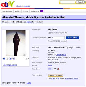 Aboriginal artefacts on eBay