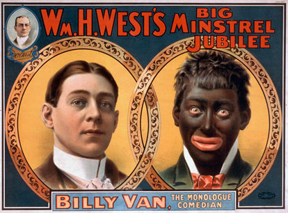 A minstrel show poster showing a white man's face next to his blackened face.