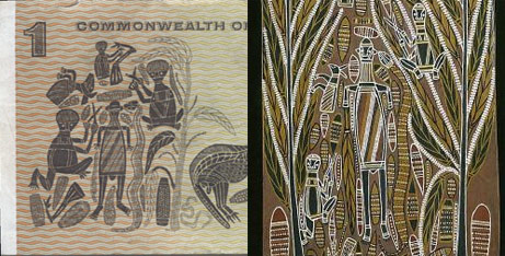 Australian One-Dollar bill showing parts of the painting of David Malangi.