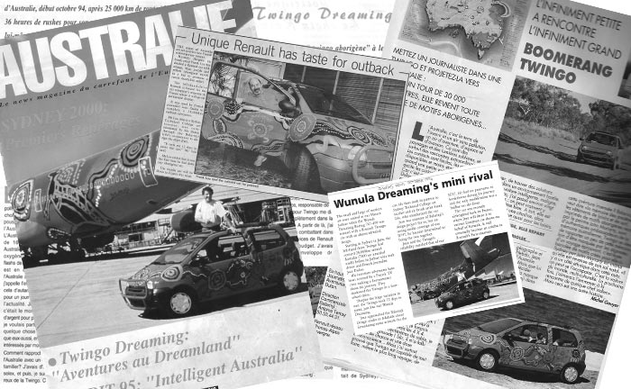 Paper clippings of articles featuring the Twingo.