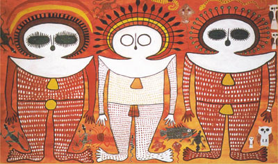 Three Wandjina figures next to each other.