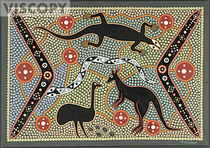 Sample image protected by a copyright agency showing a lizard, kangaroo and an emu within a typical dot painting.