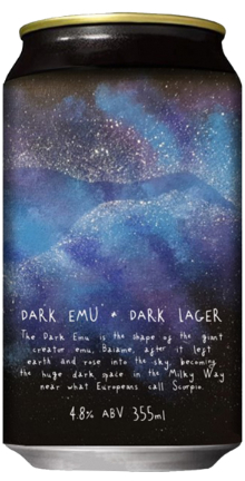 A can of Dark Emu Dark Lager beer showing the stars associated with the celestial Emu.
