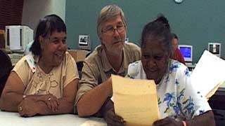 Stolen wages claimants Valerie Wenberg and Nancy Hill in a NSW record building.