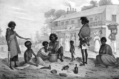 An old image of Aboriginal people on George Street in Sydney.