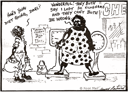 An obese black woman standing with each leg on a scale declaring: Wonderful! They both say I lost 30 kg and they can't both be wrong.