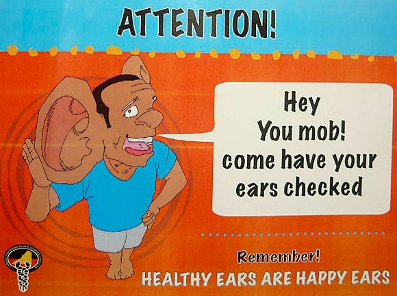 A cartoon man with a huge ear says: Hey mob! Come have your ears checked.