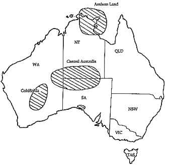 Map of Australia showing major petrol-sniffing areas.