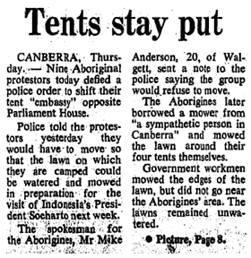 A news clipping about the Aboriginal Tent Embassy.