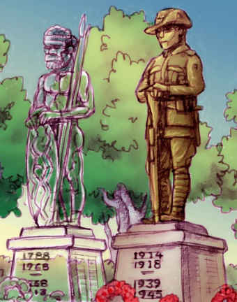 A drawing shows the silhouette of an Aboriginal war memorial next to a fully visible memorial for a soldier.