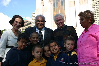 NSW Governor Prof. Marie Bashir and Tom Calma with school children and teacher.