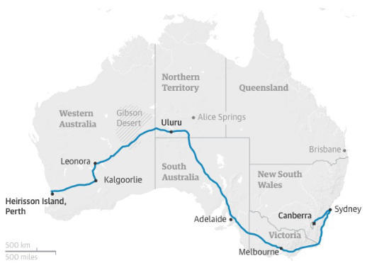 Map of Clinton Pryor's walk across Australia