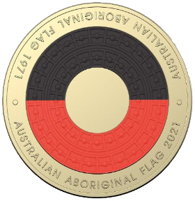 A coin showing a semi circle of black and red to represent two colours of the Aboriginal flag.