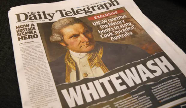 The cover page of the Daily Telegraph prominently features the word 'whitewash'.