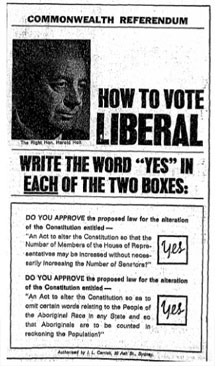 1967 referendum advertisement of the Liberal Party asking voters to vote 'yes' for both questions.