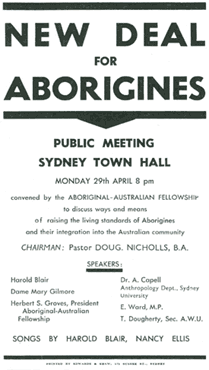 A flyer reading 'New Deal for Aborigines' - Public meeting Town Hall.