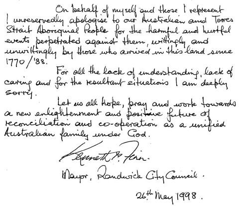 The Mayer of Randwick City Council (Sydney) apologises for the harm and hurt done to Aboriginal people in the past. Elizabeth Hyland is deeply saddened by the government's direction with reconciliation. She is very sorry for the role of her ancestors.