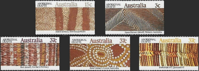 Five stamps show different patterns of Aboriginal craft.