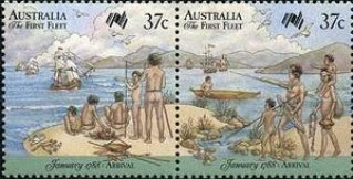 Two scenes showing a naked Aboriginal family watching ships arrive in a cove.