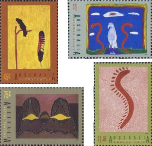 Four stamps show paintings by Aboriginal artists.