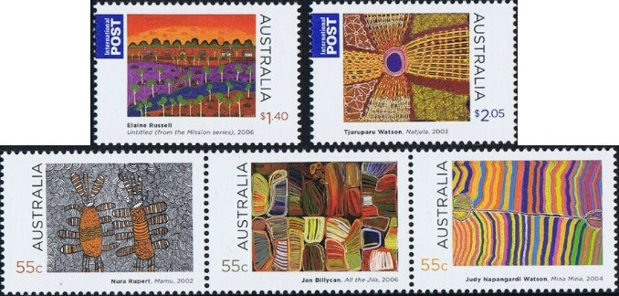 Five stamps showing Aboriginal paintings