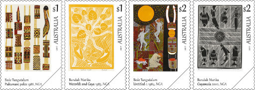 Four stamps show art with patterns, animals, people and leaves.