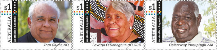 Stamps showing the portraits of Tom Calma, Lowitja O’Donoghue and Galarrwuy Yunupingu.
