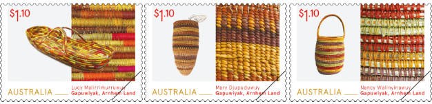 A set of three stamps showing a woven baby basket, a tall cone-shaped basket and a basket with a handle.