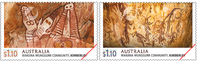 One stamp shows painted crocodiles, the other figures of people.