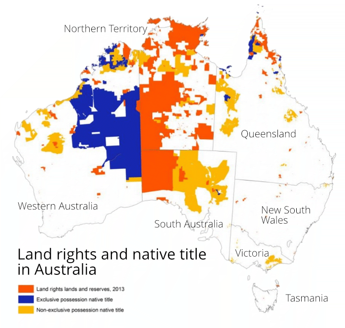 Map of Australia showing the three types of Aboriginal land tenure