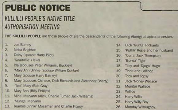 Public notice listing many Aboriginal ancestors eligible to be a party of a native title claim.