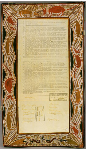 One of the 1963 Yirrkala bark petitions showing a wide intricately painted border around the typed petition paper.