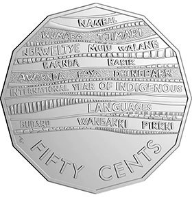 50c coin showing 14 different words for 'money' separated with different patterns.