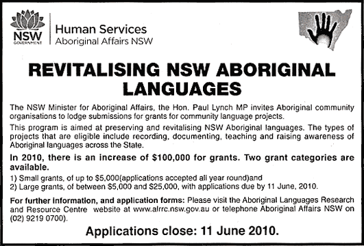 Newspaper clip of a grant advert for the revitalising of NSW Aboriginal languages.