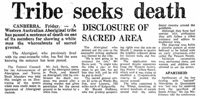 Newspaper headline: Tribe Seeks Death