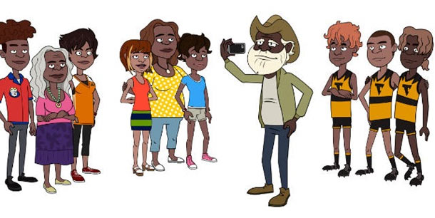 Illustration of a man taking a selfie in a group of Aboriginal youth.