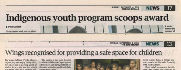Two headlines: "Indigenous youth program scoops awards" and "Wings recognised for providing a safe space for children".