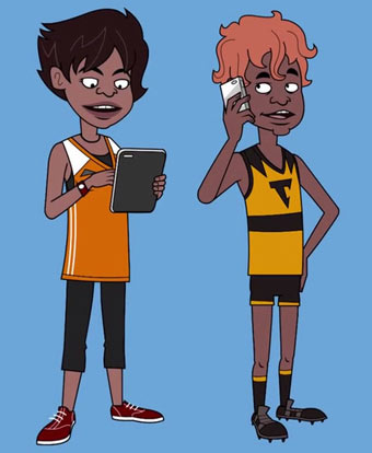 Illustration of two young First Nations boys using social media on their mobile devices.