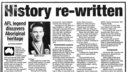Newspaper clipping reading: History rewritten. AFL legend discovers Aboriginal heritage.