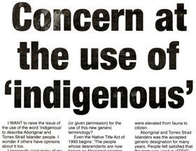 Headline: Concern at the use of 'indigenous'.