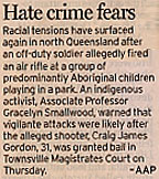 Newspaper clipping. Headline: 'Hate crime fears'.