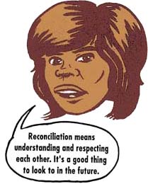 Cartoon head saying: Reconciliation means understanding and respecting each other. It's a good thing to look to in the future.