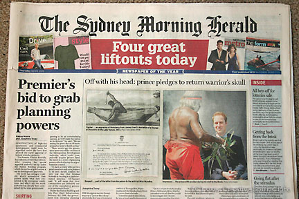 A story about Aboriginal remains on the front page of the Sydney Morning Herald
