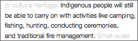 Newspaper clipping: "Indigenous people will still be able to carry on with activities like camping, fishing, hunting, conducting ceremonies, and traditional fire management."