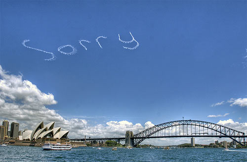 'Sorry' air writing above Sydney harbour.