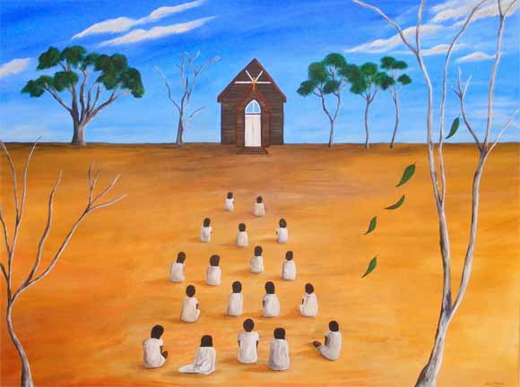 A group of Aboriginal children dressed in white sits in front of a church.