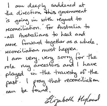 The Mayer of Randwick City Council (Sydney) apologises for the harm and hurt done to Aboriginal people in the past. Elizabeth Hyland is deeply saddened by the government's direction with reconciliation. She is very sorry for the role of her ancestors.