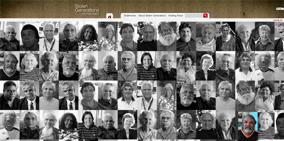 A screenshot of the Stolen Generations Foundation's homepage showing the faces of those who shared their stories.